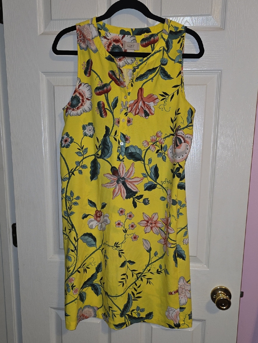 LOFT Yellow Floral‎ Sleeveless Mini Dress with Pink & Green Blooms